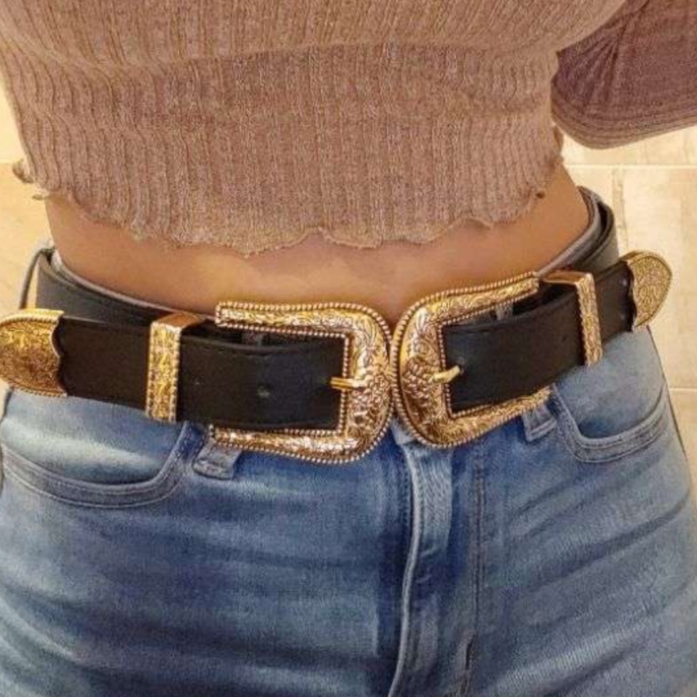 Western Gold Tone Double buckle Vegan Leather Belt